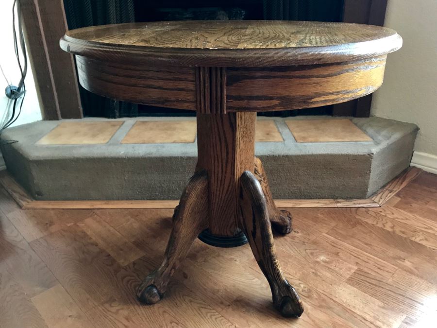 Vintage Round Oak Side Table With Ball And Claw Feet