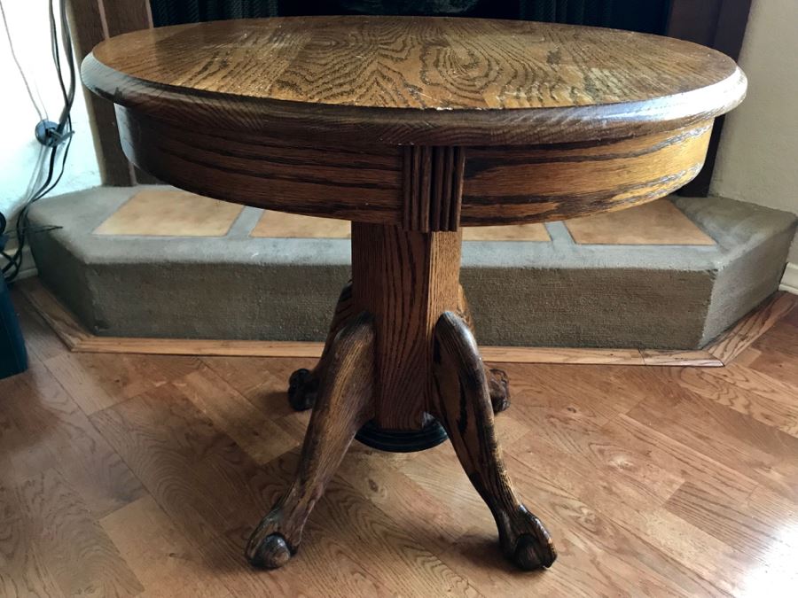 Vintage Round Oak Side Table With Ball And Claw Feet