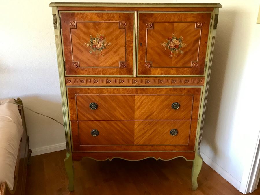 Stunning Vintage Chest Of Drawers Dresser With Painted Floral Design Purchased In Hollywood CA