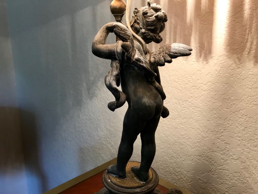 Vintage Metal Cherub Table Lamp With Stunning Crochet Shade [Photo 8]