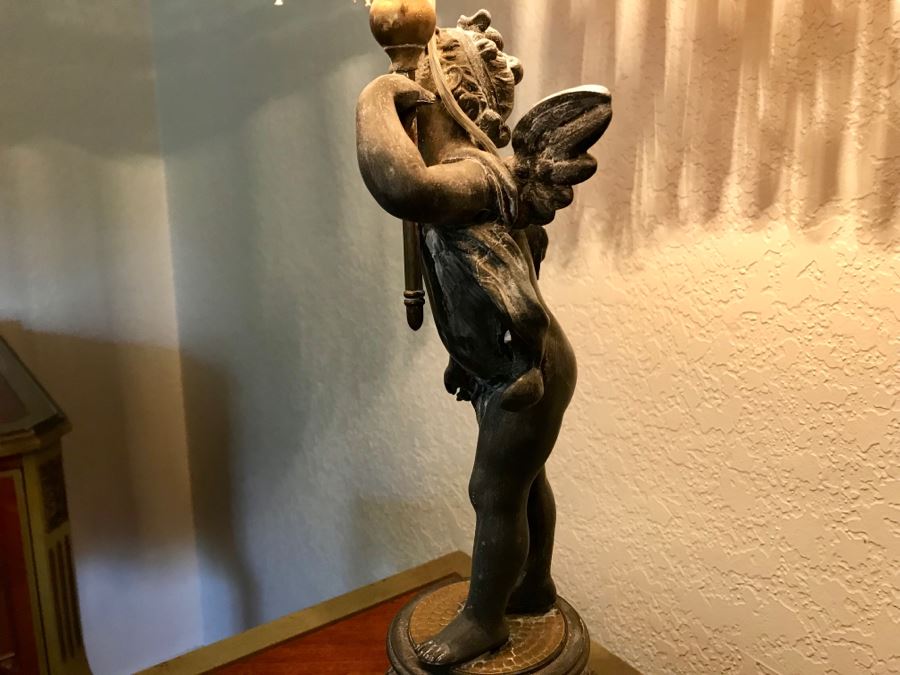 Vintage Metal Cherub Table Lamp With Stunning Crochet Shade [Photo 7]