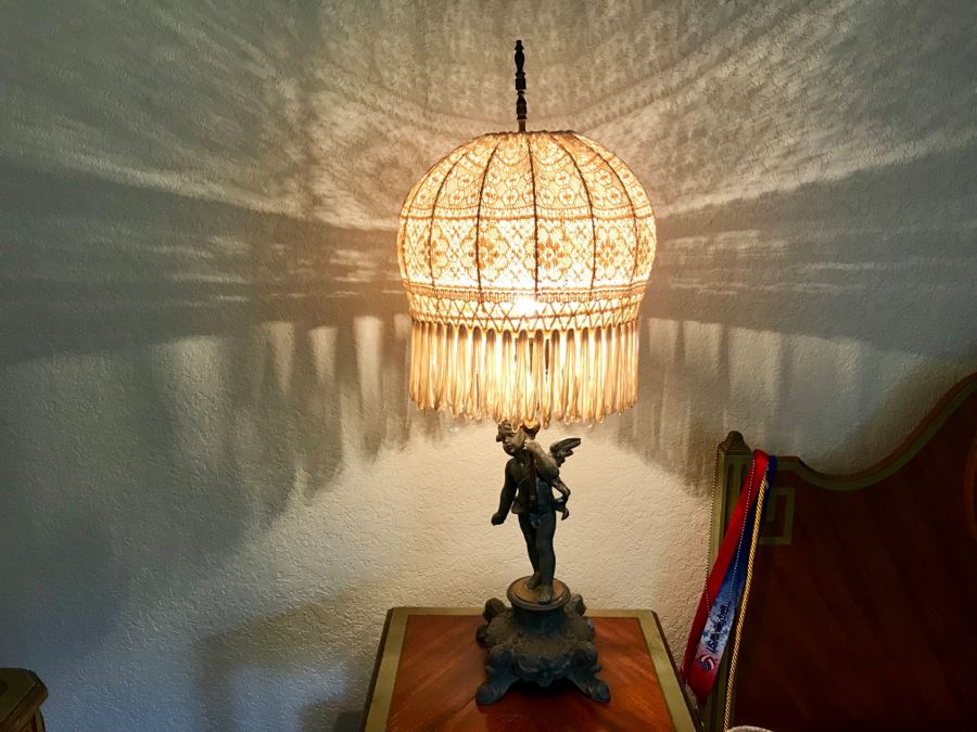 Vintage Metal Cherub Table Lamp With Stunning Crochet Shade
