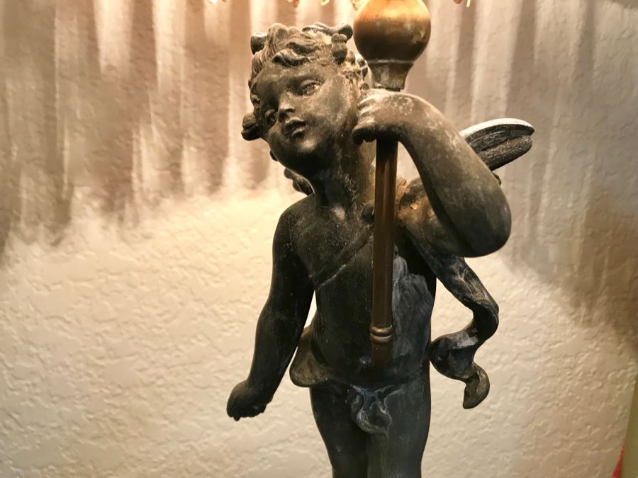 Vintage Metal Cherub Table Lamp With Stunning Crochet Shade [Photo 5]