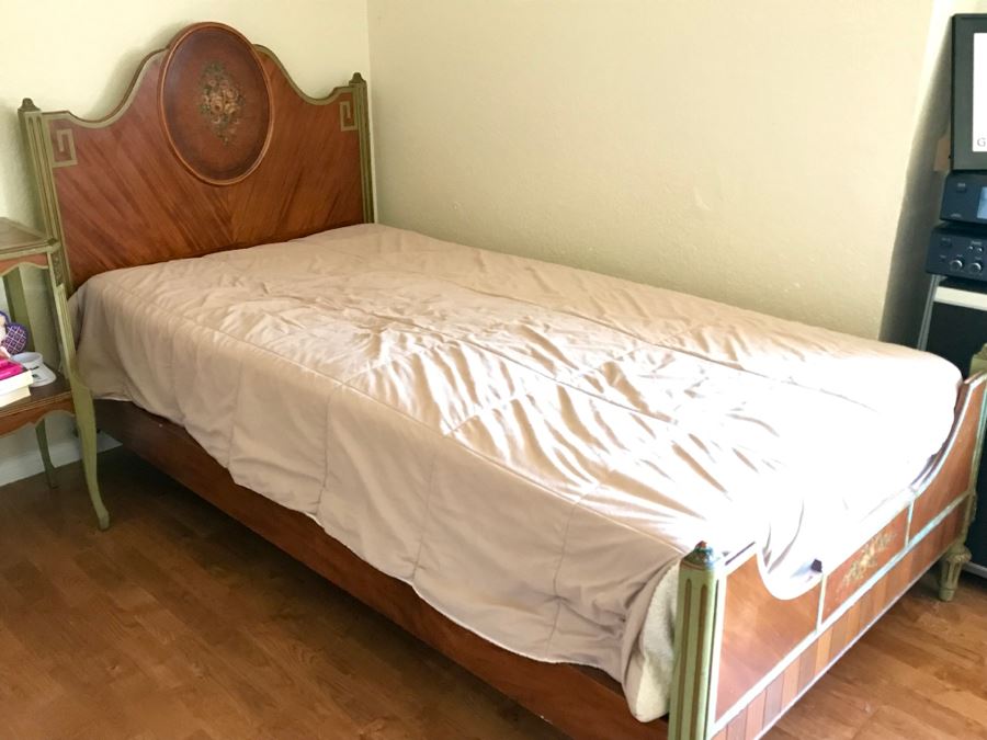 Stunning Vintage Twin Bed Frame And Side Table Nightstand With Painted Floral Design (Sold Without Mattress And Bedding) Purchased In Hollywood CA [Photo 9]