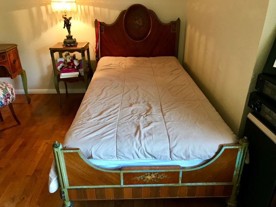 Stunning Vintage Twin Bed Frame And Side Table Nightstand With Painted Floral Design (Sold Without Mattress And Bedding) Purchased In Hollywood CA [Photo 3]