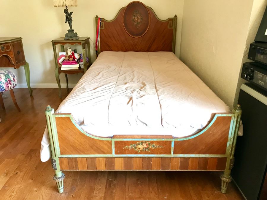 Stunning Vintage Twin Bed Frame And Side Table Nightstand With Painted Floral Design (Sold Without Mattress And Bedding) Purchased In Hollywood CA [Photo 1]