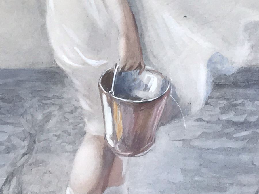 Original Vintage Seascape Painting Of Girl Carrying Pail Signed By Artist [Photo 4]