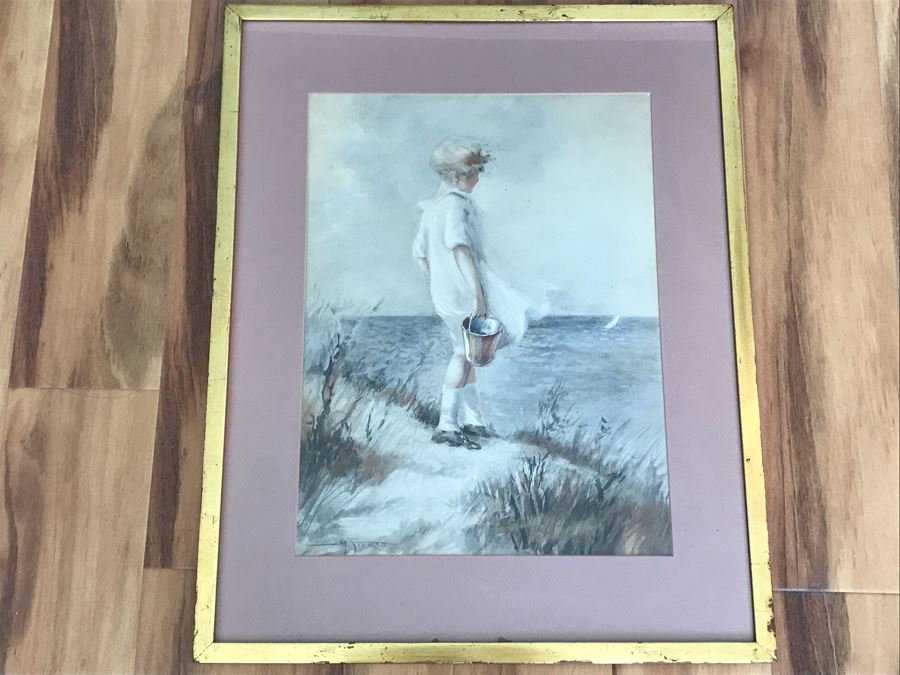 Original Vintage Seascape Painting Of Girl Carrying Pail Signed By Artist [Photo 2]