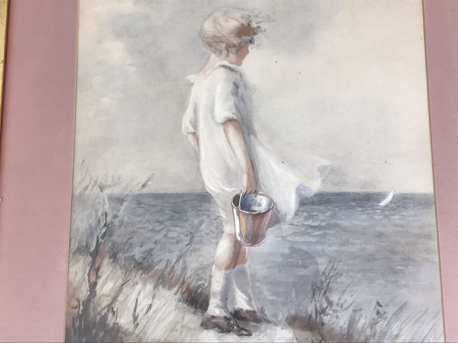 Original Vintage Seascape Painting Of Girl Carrying Pail Signed By Artist [Photo 5]