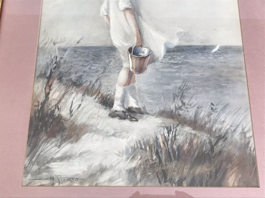 Original Vintage Seascape Painting Of Girl Carrying Pail Signed By Artist [Photo 6]
