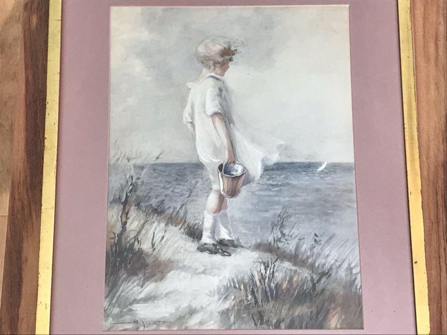 Original Vintage Seascape Painting Of Girl Carrying Pail Signed By Artist