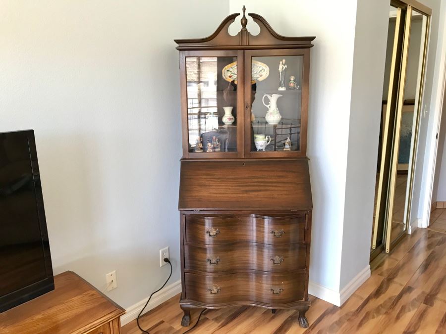 Vintage Wooden Secretary Desk With Serpentine Front Drawers [Photo 2]