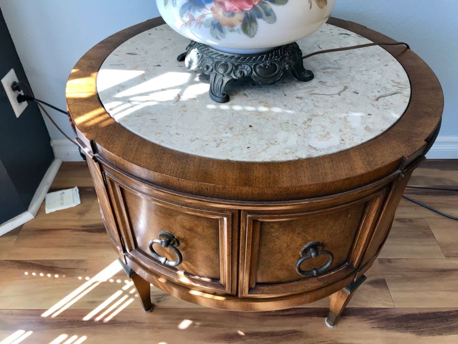 Vintage Round Side Table With Marble Top And 2 Door Cabinet For Storage Below [Photo 6]