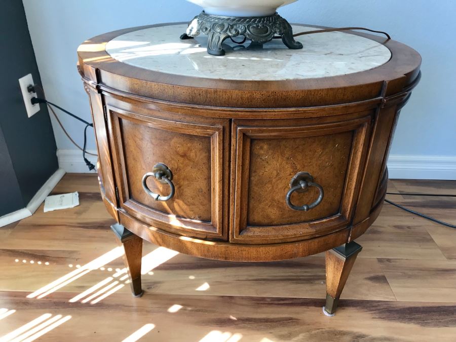 Vintage Round Side Table With Marble Top And 2 Door Cabinet For Storage Below [Photo 1]