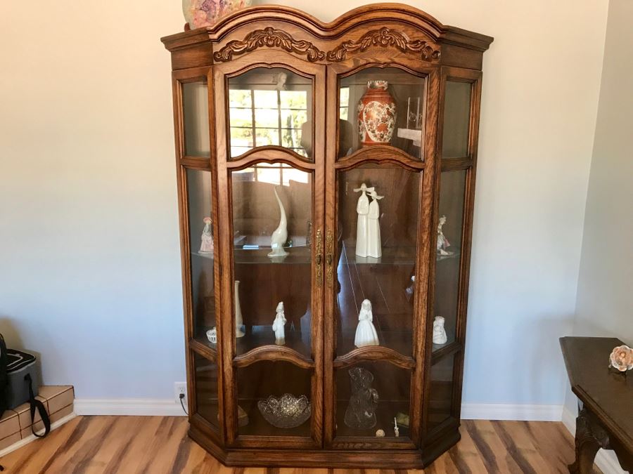 Large Wooden Glass Front Curio Display Cabinet With Overhead Lighting And Glass Shelves [Photo 3]