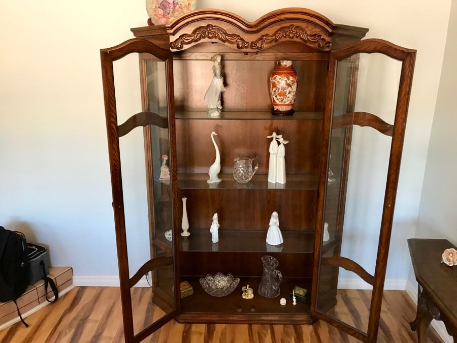 Large Wooden Glass Front Curio Display Cabinet With Overhead Lighting And Glass Shelves [Photo 8]