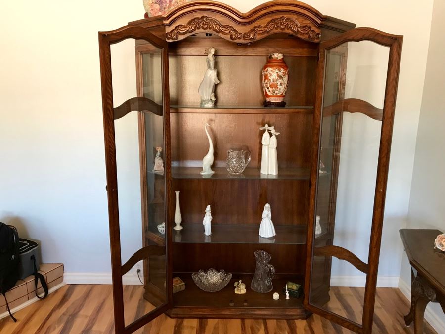 Large Wooden Glass Front Curio Display Cabinet With Overhead Lighting And Glass Shelves [Photo 1]