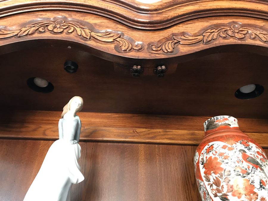 Large Wooden Glass Front Curio Display Cabinet With Overhead Lighting And Glass Shelves [Photo 9]