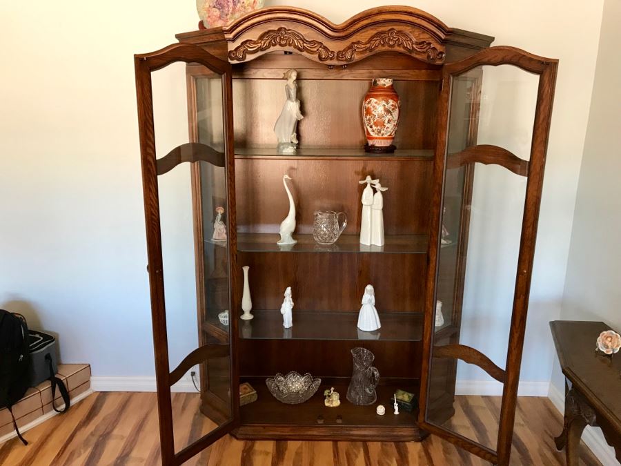 Large Wooden Glass Front Curio Display Cabinet With Overhead Lighting And Glass Shelves [Photo 7]
