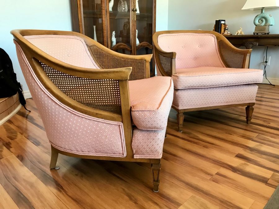 Pair Of Mid Century Cane Back Chairs Reupholstered With Pink Diamond Pattern Fabric [Photo 7]