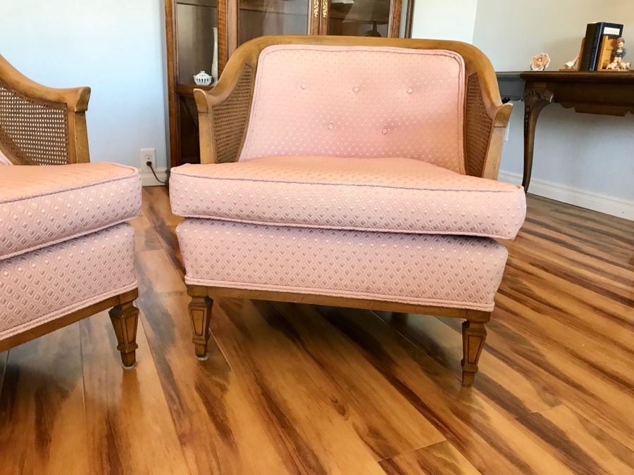 Pair Of Mid Century Cane Back Chairs Reupholstered With Pink Diamond Pattern Fabric [Photo 6]