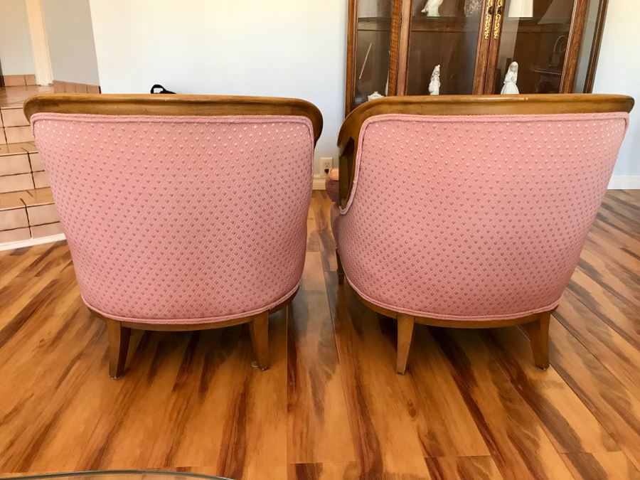 Pair Of Mid Century Cane Back Chairs Reupholstered With Pink Diamond Pattern Fabric [Photo 9]