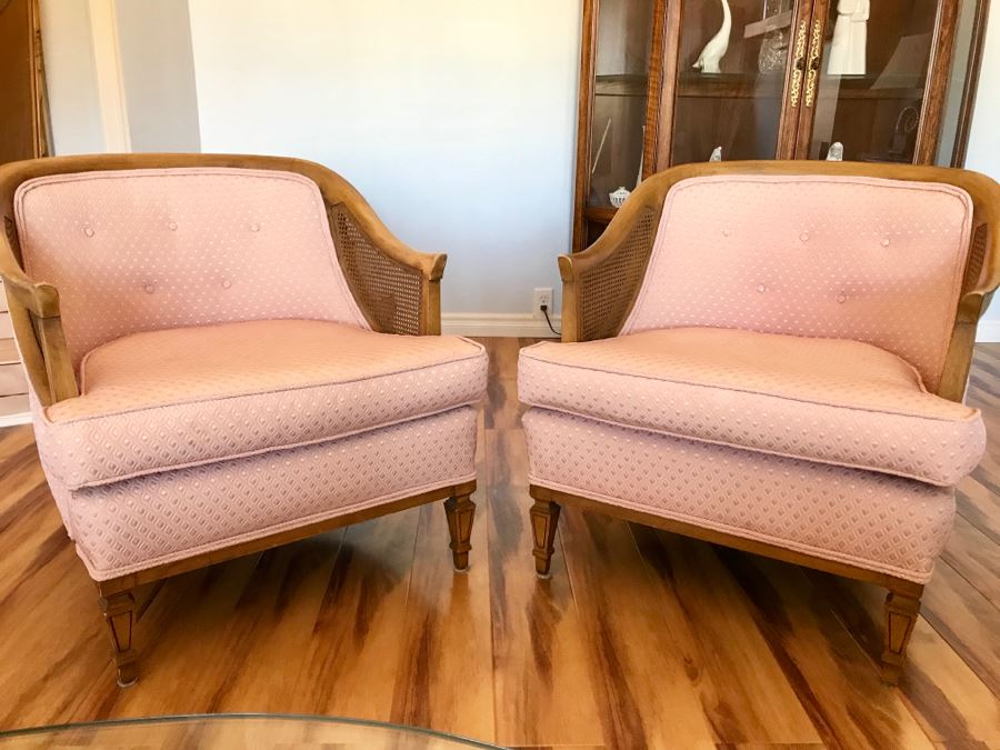 Pair Of Mid Century Cane Back Chairs Reupholstered With Pink Diamond Pattern Fabric [Photo 3]