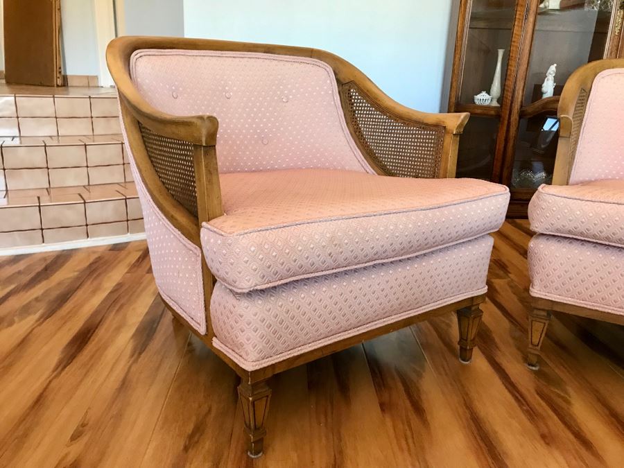 Pair Of Mid Century Cane Back Chairs Reupholstered With Pink Diamond Pattern Fabric [Photo 5]