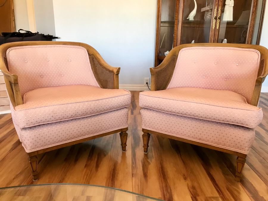 Pair Of Mid Century Cane Back Chairs Reupholstered With Pink Diamond Pattern Fabric [Photo 2]