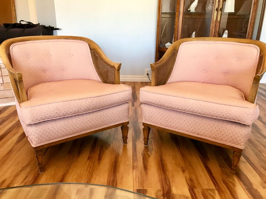 Pair Of Mid Century Cane Back Chairs Reupholstered With Pink Diamond Pattern Fabric [Photo 1]