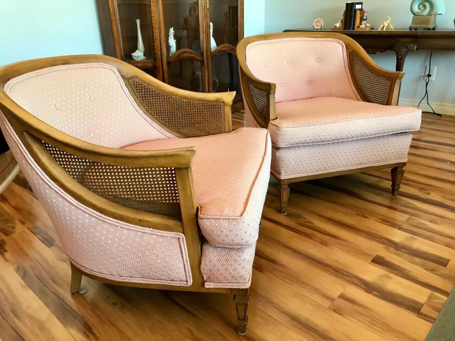 Pair Of Mid Century Cane Back Chairs Reupholstered With Pink Diamond Pattern Fabric [Photo 8]