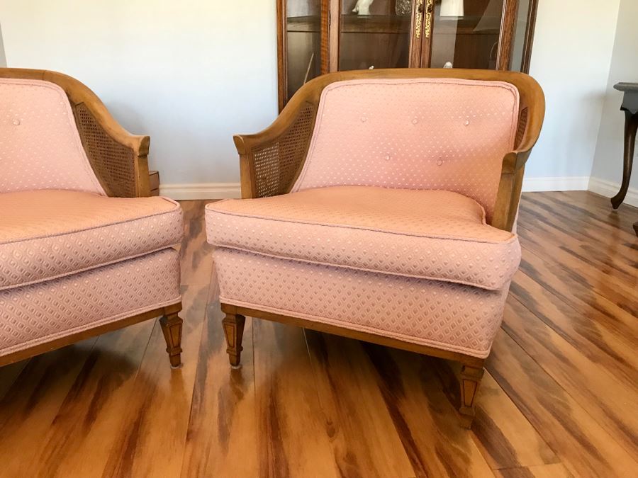 Pair Of Mid Century Cane Back Chairs Reupholstered With Pink Diamond Pattern Fabric [Photo 4]