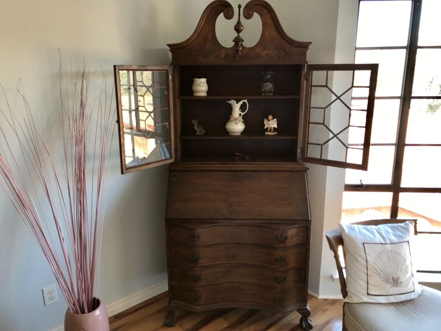 Vintage Wooden Secretary Desk With Serpentine Front And Carved Waves On Top Near Finial [Photo 4]