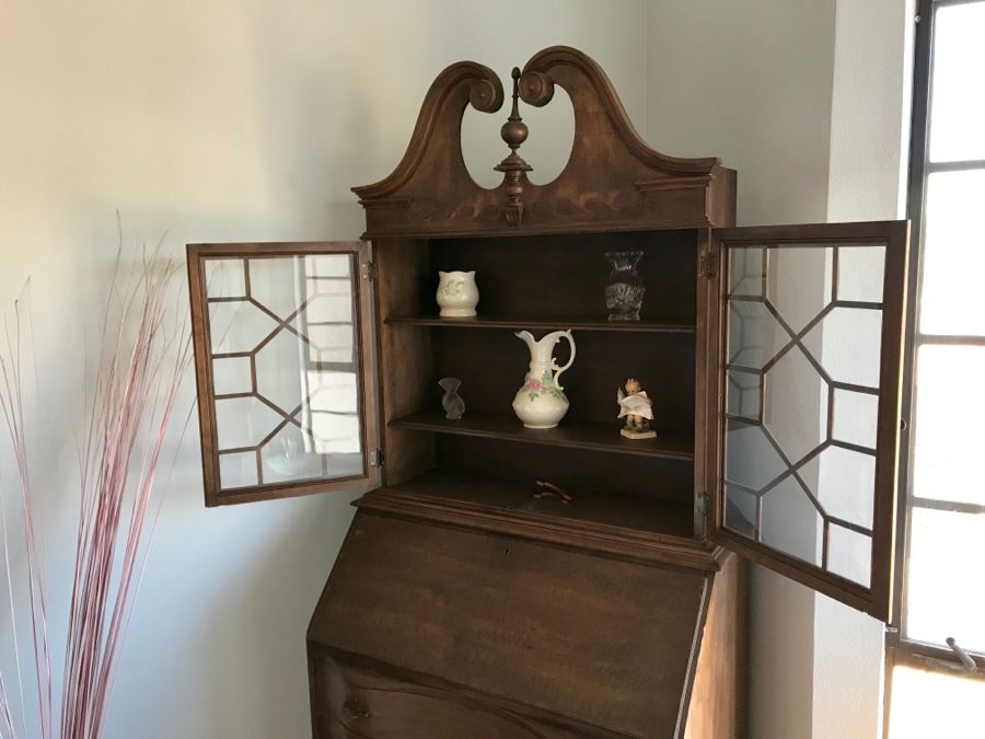 Vintage Wooden Secretary Desk With Serpentine Front And Carved Waves On Top Near Finial [Photo 5]