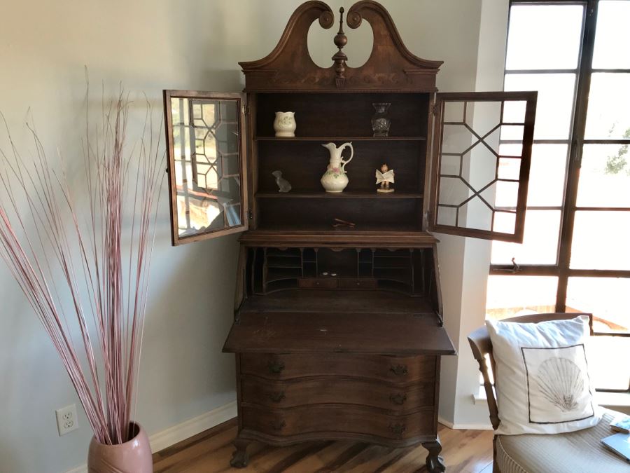 Vintage Wooden Secretary Desk With Serpentine Front And Carved Waves On Top Near Finial [Photo 10]