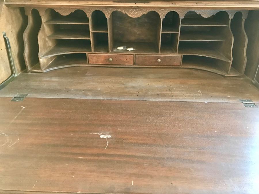 Vintage Wooden Secretary Desk With Serpentine Front And Carved Waves On Top Near Finial [Photo 12]