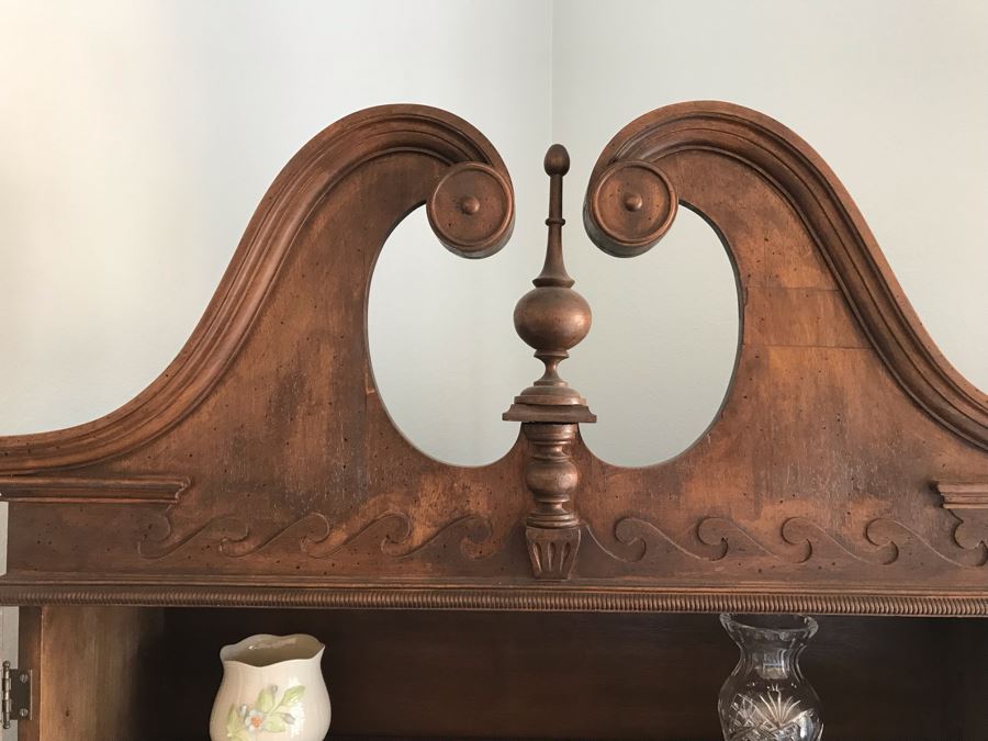 Vintage Wooden Secretary Desk With Serpentine Front And Carved Waves On Top Near Finial [Photo 7]