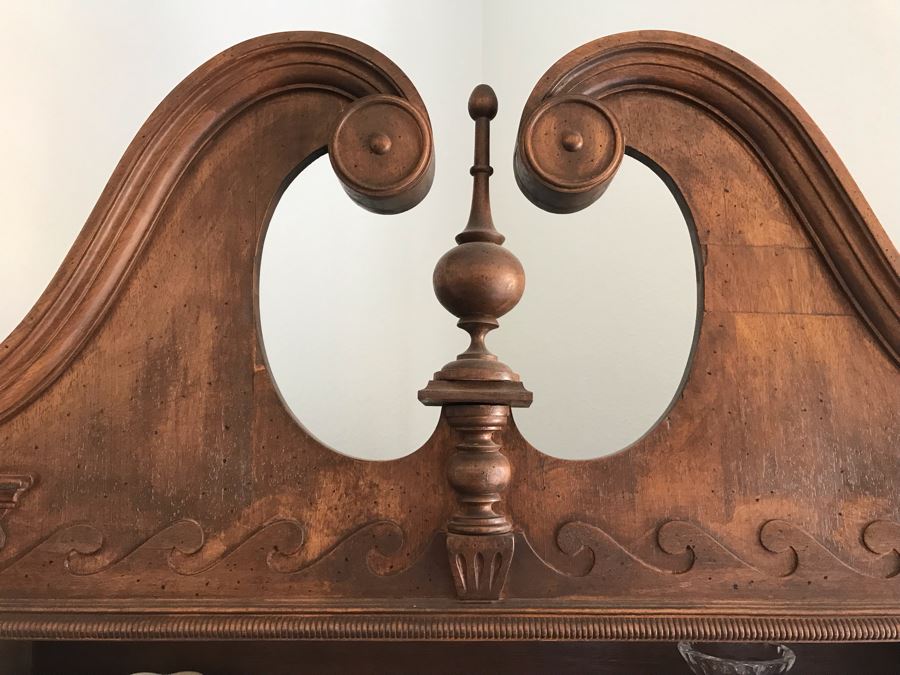 Vintage Wooden Secretary Desk With Serpentine Front And Carved Waves On Top Near Finial [Photo 8]