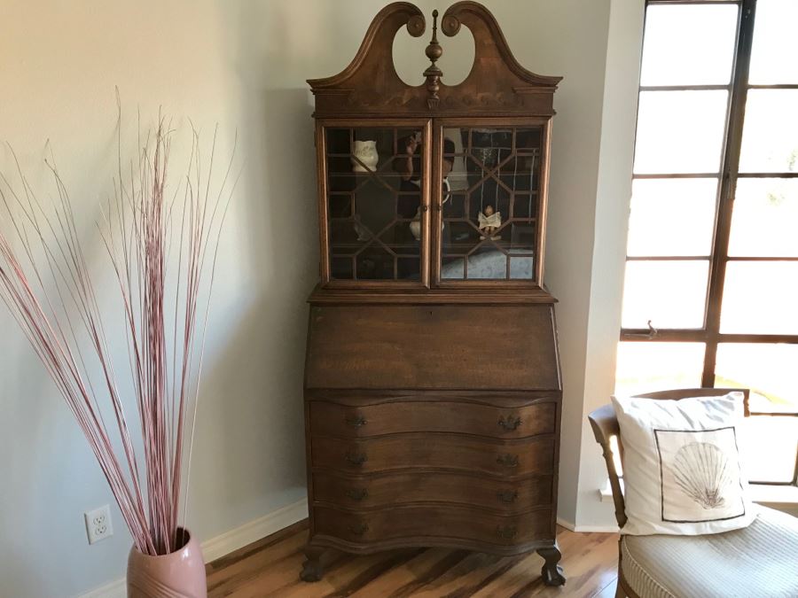Vintage Wooden Secretary Desk With Serpentine Front And Carved Waves On Top Near Finial [Photo 3]