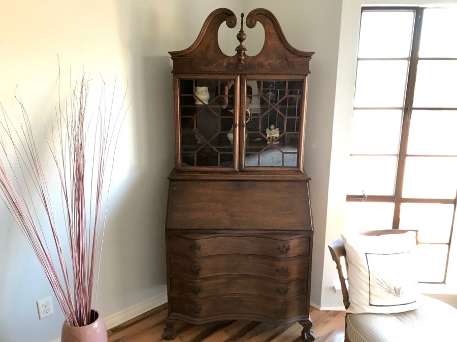 Vintage Wooden Secretary Desk With Serpentine Front And Carved