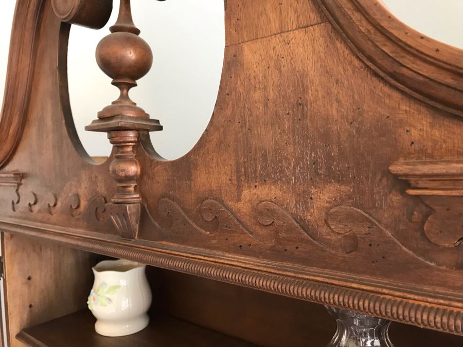 Vintage Wooden Secretary Desk With Serpentine Front And Carved Waves On Top Near Finial [Photo 9]