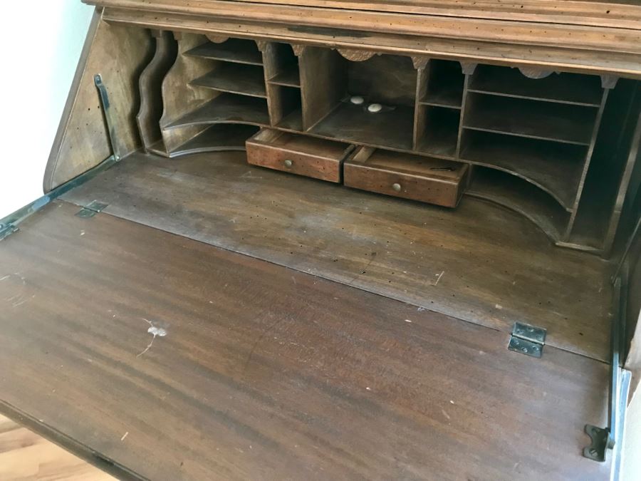 Vintage Wooden Secretary Desk With Serpentine Front And Carved Waves On Top Near Finial [Photo 13]