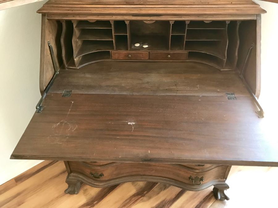 Vintage Wooden Secretary Desk With Serpentine Front And Carved Waves On Top Near Finial [Photo 11]