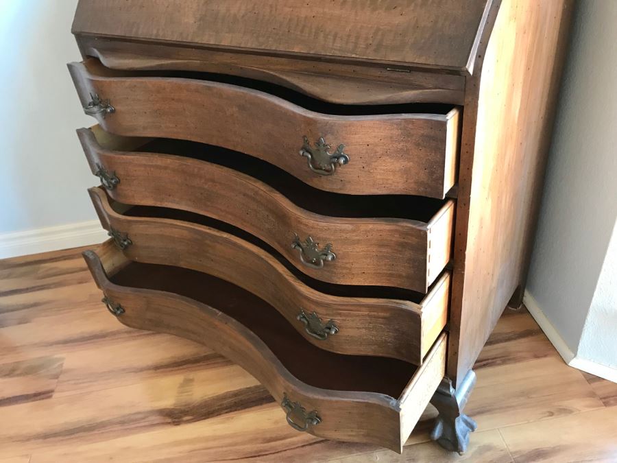 Vintage Wooden Secretary Desk With Serpentine Front And Carved Waves On Top Near Finial [Photo 14]