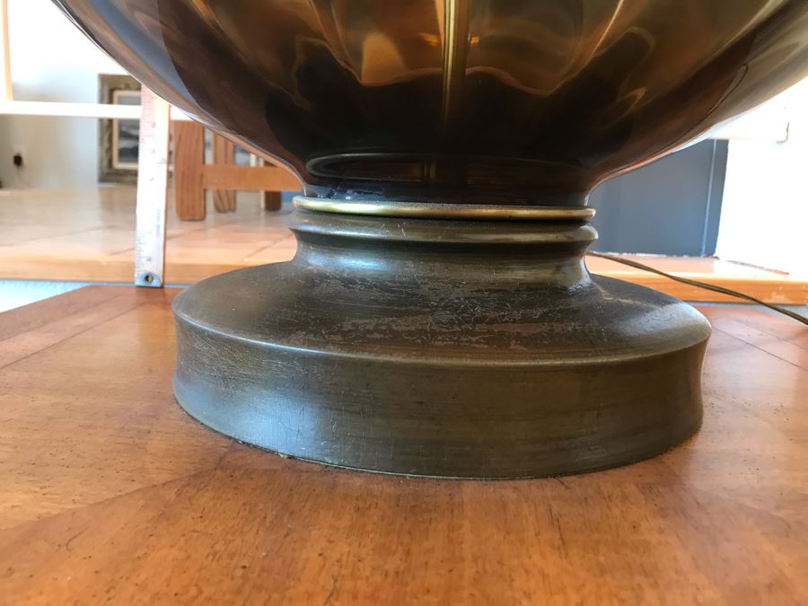 Monumental Mid-Century Glass And Metal 2-Light Lamp With Large Tapered Shade (See Photos For Damage To Shade) [Photo 8]