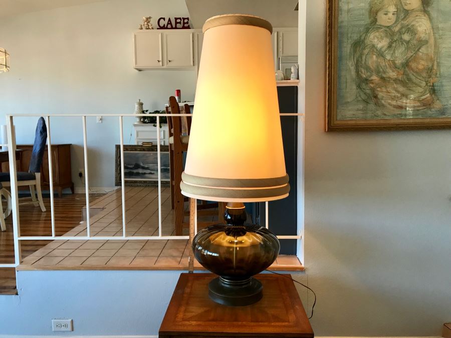 Monumental Mid-Century Glass And Metal 2-Light Lamp With Large Tapered Shade (See Photos For Damage To Shade) [Photo 2]
