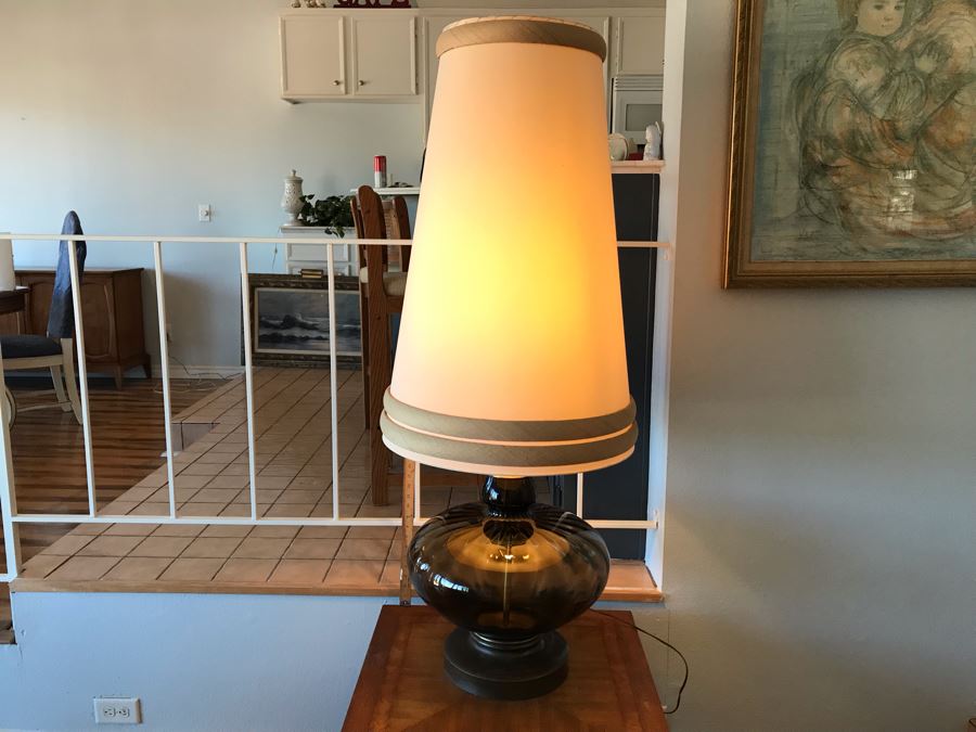 Monumental Mid-Century Glass And Metal 2-Light Lamp With Large Tapered Shade (See Photos For Damage To Shade) [Photo 3]