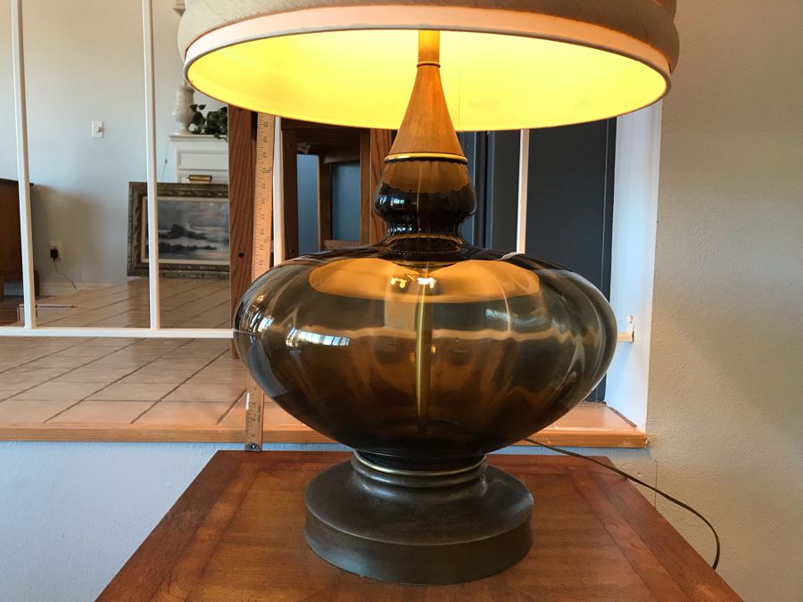 Monumental Mid-Century Glass And Metal 2-Light Lamp With Large Tapered Shade (See Photos For Damage To Shade) [Photo 5]