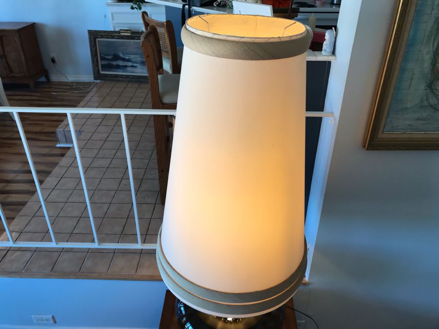 Monumental Mid-Century Glass And Metal 2-Light Lamp With Large Tapered Shade (See Photos For Damage To Shade) [Photo 7]