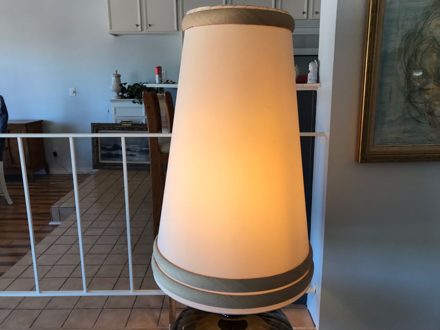 Monumental Mid-Century Glass And Metal 2-Light Lamp With Large Tapered Shade (See Photos For Damage To Shade) [Photo 4]